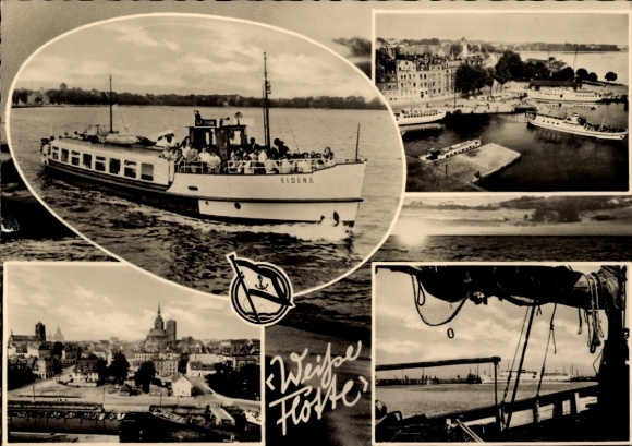 Ak Stralsund in West-Pommeren, Witte Vloot, MS Eldena, luchtfoto