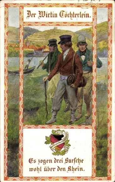 Artist Postcard Kuderna F., Landlady's Daughter, Three boys crossed the Rhine, Wanderer