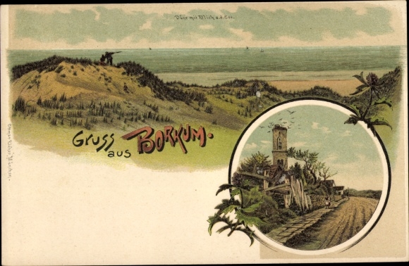 Chromo-Litho island of Borkum East Frisia, dune overlooking the sea