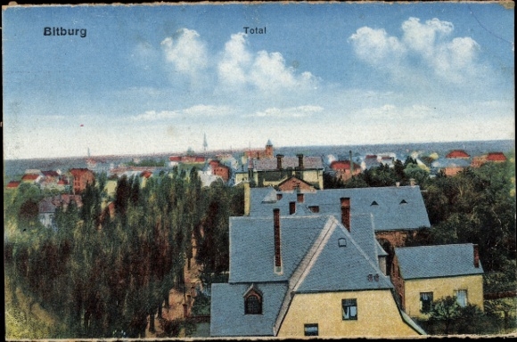 Ak Bitburg in de Eifel, stadsgezicht met huizen, bomen, lucht