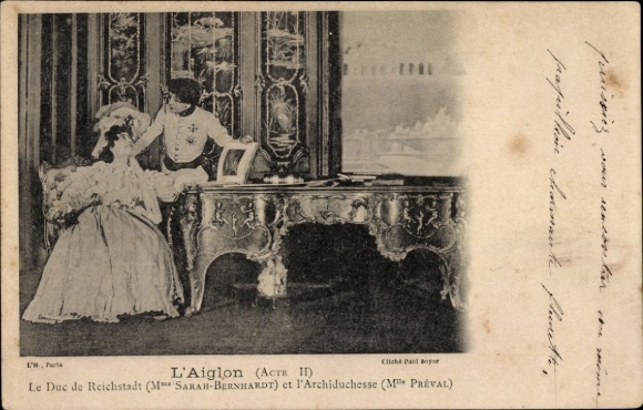 Postcard Actress Sarah Bernhardt, Preval, Theater scene, l'Aiglon, Acte II, Duc de Reichstadt