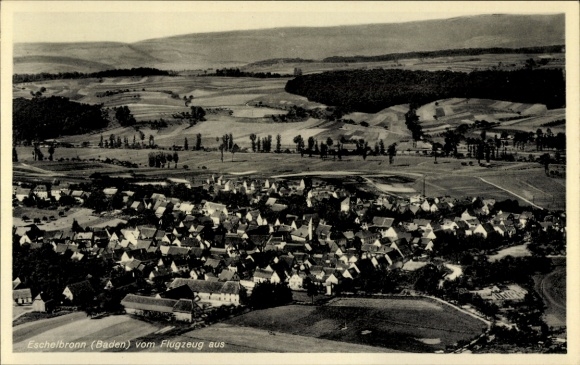 Postcard Eschelbronn in Baden, aerial view of Eschelbronn, hilly landscape, view of houses
