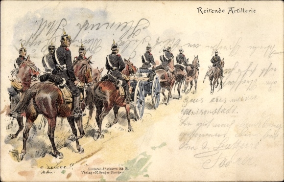 Kunstenaar litho Becker, Carl, rijdende artillerie
