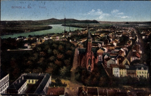 Postcard Bonn am Rhein, aerial view of Rhine, river, city view, church