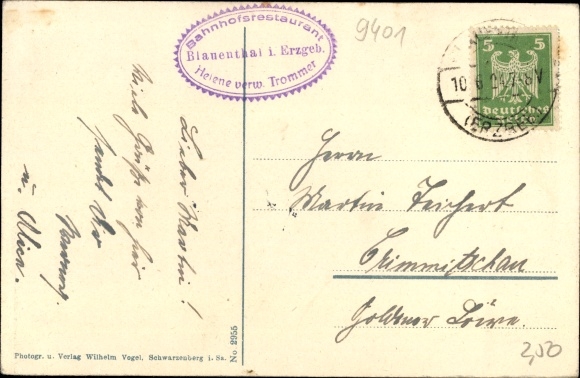Postcard Blauenthal Eibenstock in the Ore Mountains, panorama, Auersberg, valley of the big Bockau