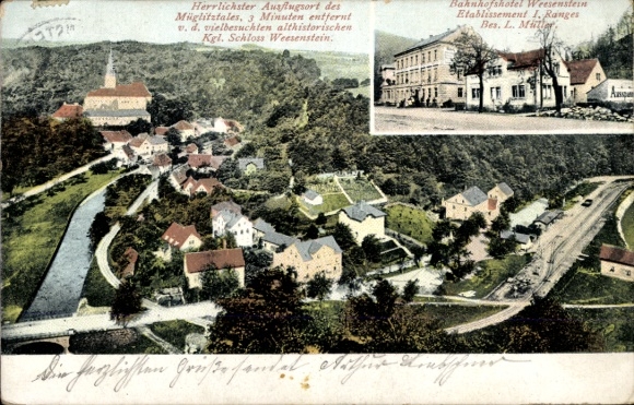 Ak Weesenstein Müglitztal in Saksen, excursiebestemming Miglitztal, Schloss Bahnhofshotel Weesenstein