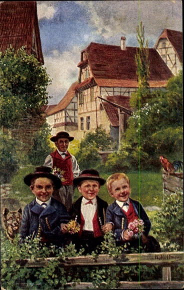 Künstler Ak Hoffmann, H., Jungen und Mann in Elsässer Tracht, Hahn, Brunnen