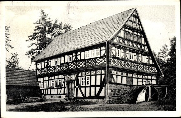 Postcard Ilbeshausen Hochwaldhausen Grebenhain in Vogelsbergkreis, Teufelsmühle, water wheel, half-timbered house
