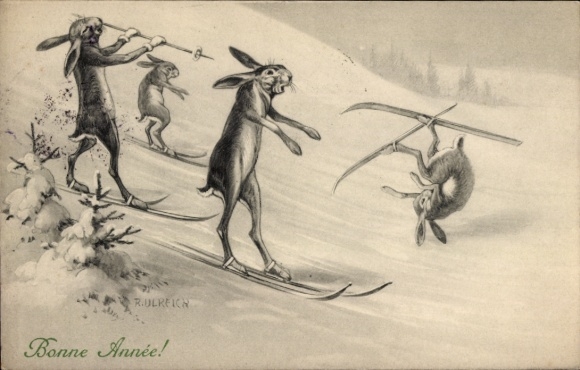 Artist Postcard Ulreich, F., Happy New Year, rabbits skiing