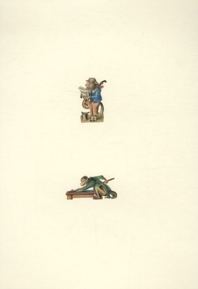 2 Oblaten Schaf beim musizieren, Affe beim Billardspielen, ca. 5 x 2,5 cm und 2,5 x 5 cm