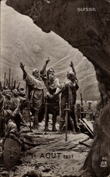 Artist Postcard Mastroianni, D., Swiss warriors, oath, shield, sword