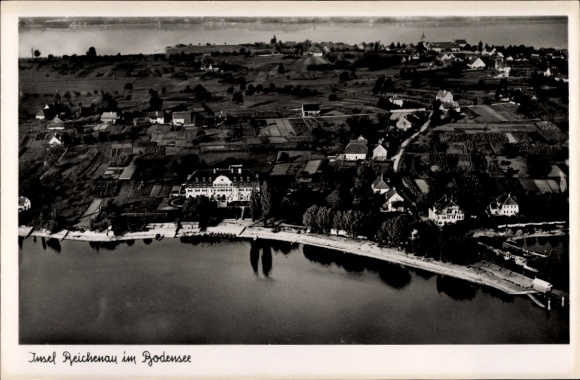 Postcard Island Reichenau Lake Constance, aerial view of Lake Constance, buildings on the shore, rural landscape