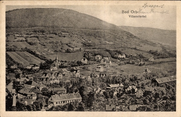 Postcard Bad Orb in Spessart Hesse, landscape with villa district, Spessart in the background, historical