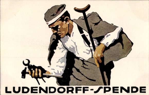 Postcard Ludendorff donation for war victims, veteran with tools
