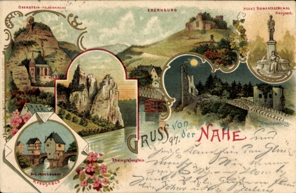 Litho Bad Kreuznach Rheinland Pfalz, Brückenhäuser, Ebernburg, Bismarckdenkmal