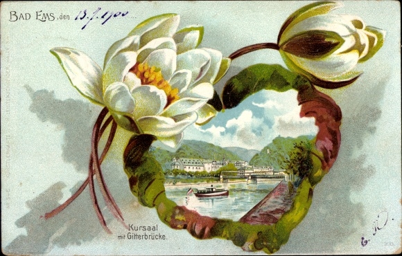 Water lily leaf Chromo-Litho Bad Ems an der Lahn, Kursaal with lattice bridge