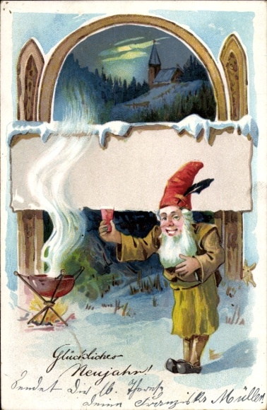 Postcard Happy New Year, dwarf, punch