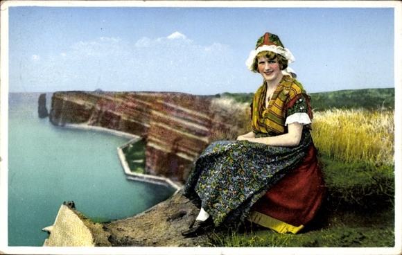 PC Heligoland, Helgoland woman in traditional costume, cliff