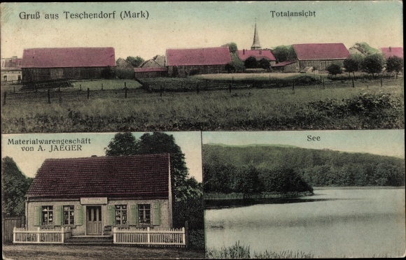 Postcard Teschendorf in the Mark, general view, commercial building A. Jaeger, See