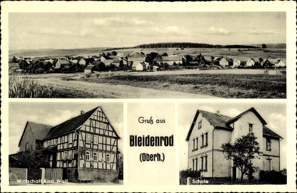 Postcard Bleidenrod Homberg an der Ohm in Vogelsbergkreis, town view, economy, school