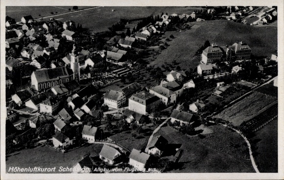 Postcard Scheidegg in Allgäu, aerial photograph