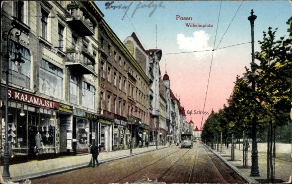 Postcard Poznań Poznan, Wilhelmplatz, Tram, Royal Castle, GS Kalamajski