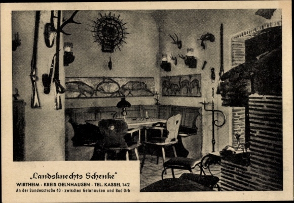 Postcard Wirtheim Biebergemünd Hessen, Landsknechtsschenke, interior view, rifles, antlers