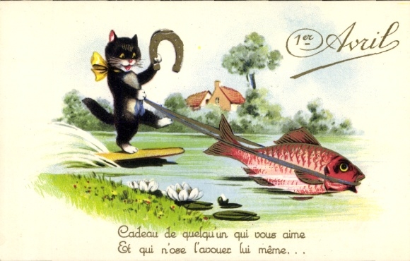 Ak Glückwunsch 1. April, Katze, Fisch, Hufeisen