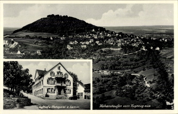 Postcard Hohenstaufen Göppingen in Württemberg, aerial photograph, Gasthof z. Lamm