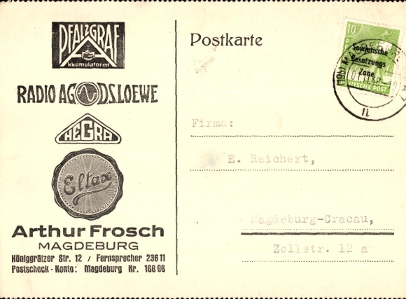 Postcard Magdeburg, shop Arthur Frosch, Pfalzgraf accumulators, Hegra, Radio AG DS Loewe