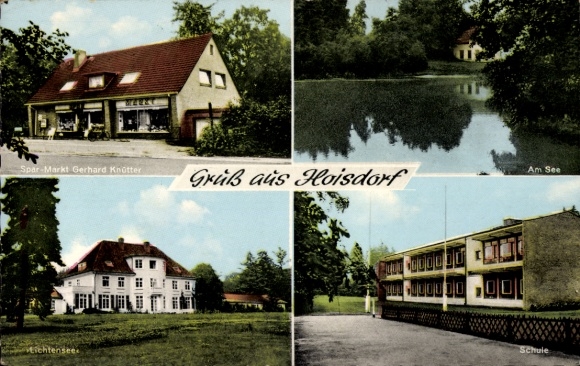 Postcard Hoisdorf in Schleswig-Holstein, Spar market, Am See, Wittensee, school