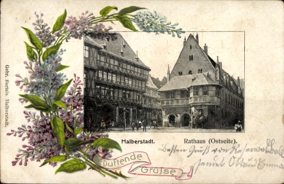 Passepartout Postcard Halberstadt am Harz, Town Hall, Lilac