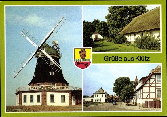 Postcard Klütz in Mecklenburg, windmill, holiday home VEB DEFA-Kopierwerke Berlin, coat of arms