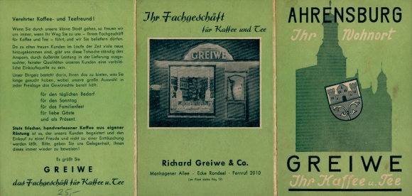 Klapp KP Ahrensburg w Holsztynie, kawiarnia specjalistyczna Richard Greiwe & Co., plan miasta