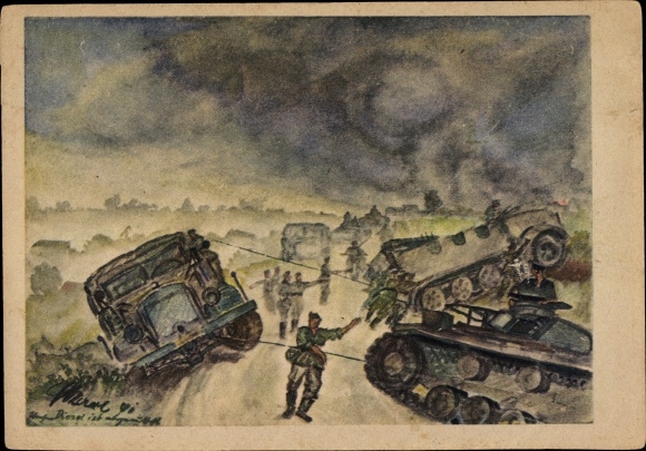 Artist PC Karl, H., German Wehrmacht, tank, truck is lifted out of a ditch, II. WW