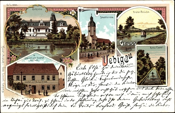 Chromo-Litho Uebigau on the Black Elster, castle, town church, inn, post office, Anna Canal