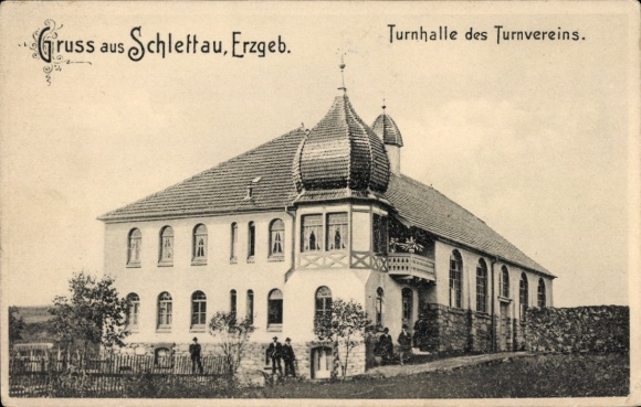 Ak Schlettau in het Ertsgebergte, gymzaal van de gymnastiekvereniging