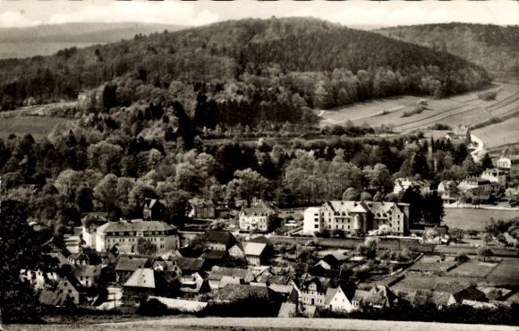 Postcard Bad Salzschlirf in Hesse, landscape with hills, houses, trees, photography
