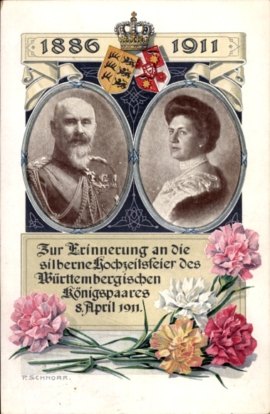 Artist Postcard Schnorr, King Wilhelm II of Württemberg, Queen Charlotte, Silver Wedding 1911, Coat of Arms