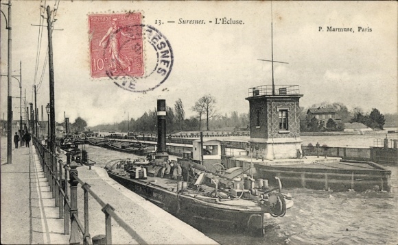 Ak Suresnes Hauts de Seine, Schleuse in  Schiffe, Kanal, Stadtansicht,  