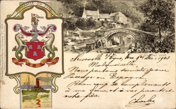 Embossed coat of arms Postcard Newcastle upon Tyne Northumberland England, general view, bridge