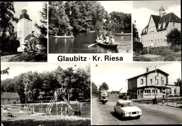 Postcard Glaubitz on the Elbe, home after work, gondola pond, forest pool, school, train station