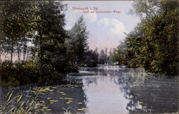 Ak Groitzsch in Sachsen, Groitzscher Weg, Gewässer, Bäume