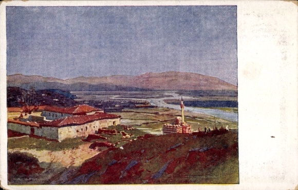 Artysta KP Prinz, Karl Ludwig, Lezha Albania, miasto z widokiem na krajobraz, meczet