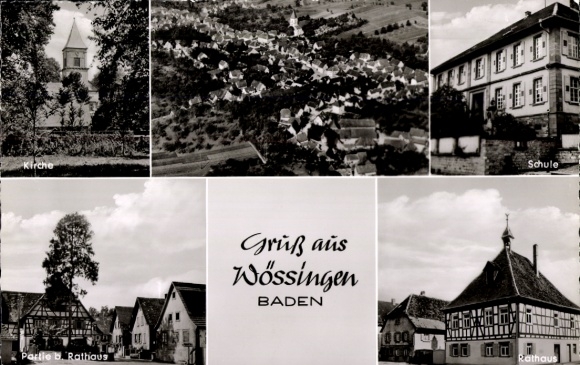 Postcard Wössingen Walzbachtal in Baden, aerial photograph, town hall, church, school
