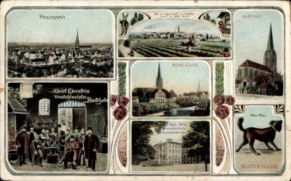 Postcard Buxtehude in Lower Saxony, panorama, church, dog, lock, war memorial, steelworker