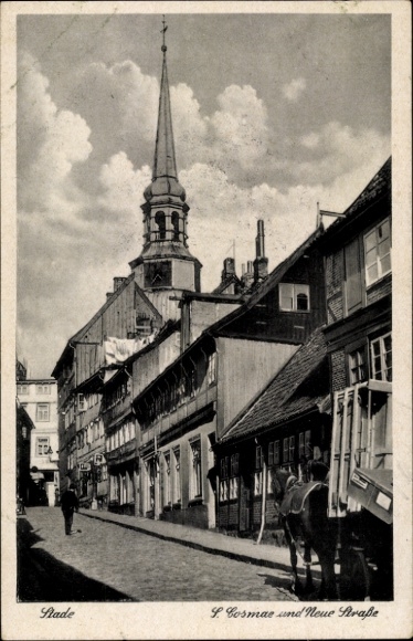 Postcard Stade in Lower Saxony, Saint Cosmae and New Street, wagon