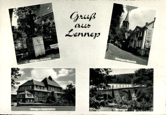 Postcard Lennep Remscheid in the Bergisches Land, Röntgen memorial, Röntgen high school, greetings from Röntgen-...
