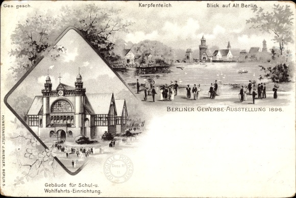 Dzielnica lito Berlin Treptow, staw karpiowy, widok na Stary Berlin, berlińska wystawa handlowa 1896