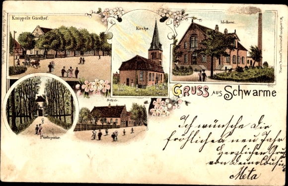 Chromo-Litho flocks in Lower Saxony, Knüppels Inn, church, dairy, school, postal agency